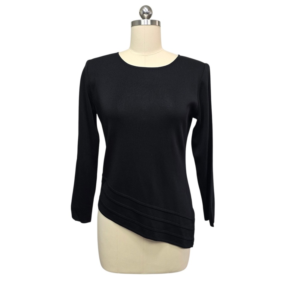 Misook Petite Black Long Sleeve Textured Knit Asymmetrical Top Womens Size XXS